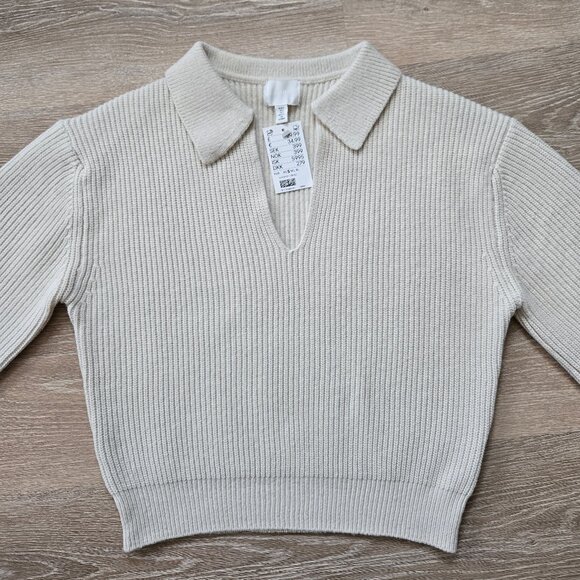 H&M Rib Knit Collared Sweater Long Sleeve Cropped Cream Size Small New With Tags - Picture 8 of 17